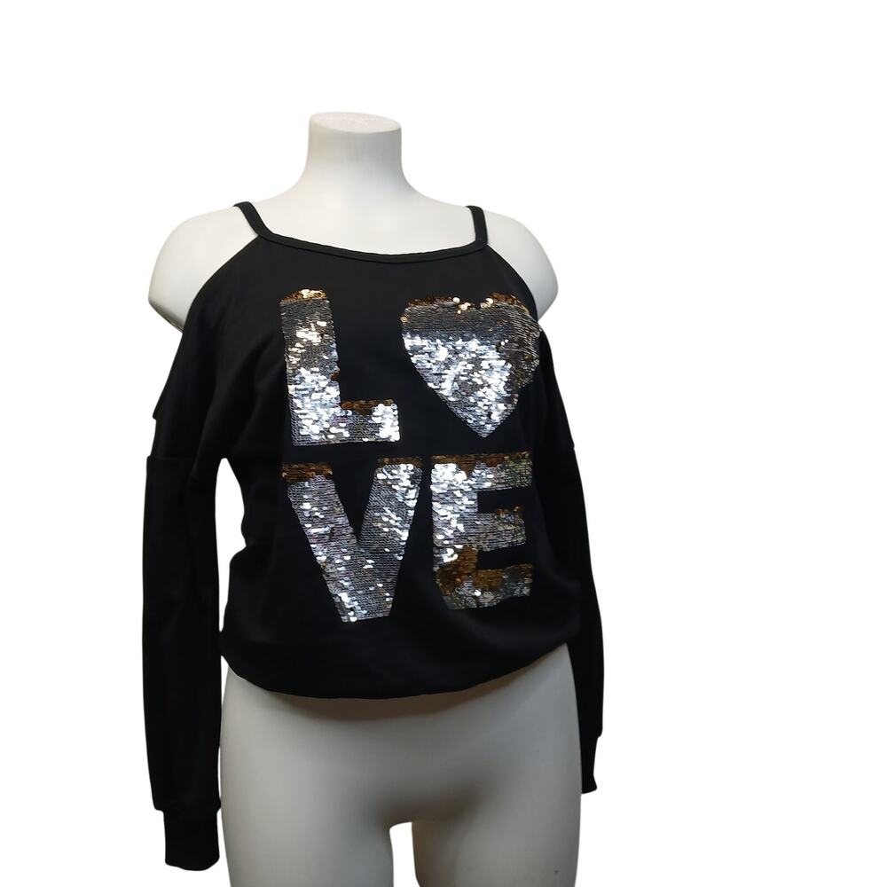 Lizette Collection Womens Small Black Cold Shoulder Sequin LOVE Top